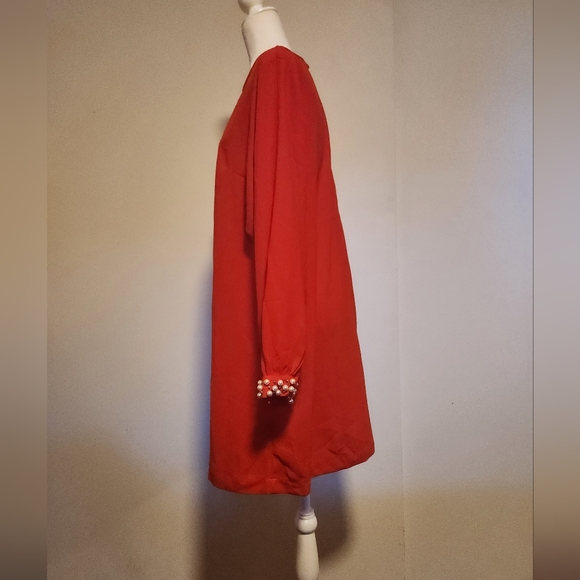 Bright Red H&M Shift Dress With Pearl Embellished Long Sleeves 12 EUC - Picture 7 of 11